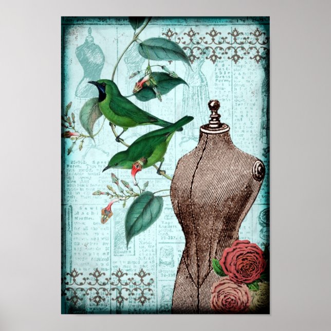 Vintage Dress Form Birds Poster (Front)