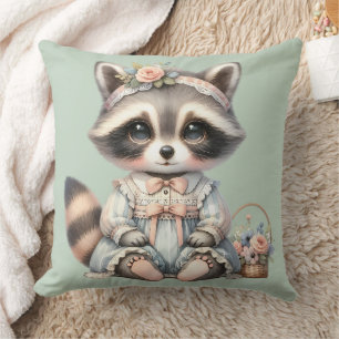 Vintage Dressed Cottagecore Raccoon Pastel Cushion
