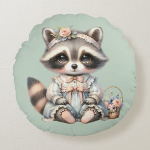 Vintage Dressed Cottagecore Raccoon Pastel Round Cushion