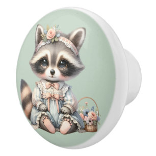 Vintage Dressed Cottagecore Racoon Pastel Ceramic Knob