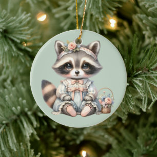 Vintage Dressed Cottagecore Racoon Pastel Ceramic Tree Decoration