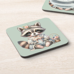 Vintage Dressed Cottagecore Racoon Pastel Coaster