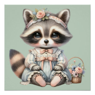 Vintage Dressed Cottagecore Racoon Pastel Poster