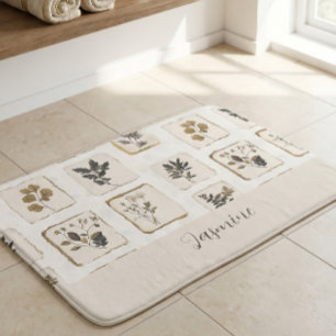 Vintage dried pressed wildflowers Name Monogram  Bath Mat
