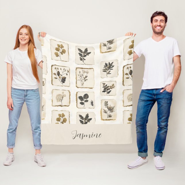Vintage dried pressed wildflowers Name Monogram  Fleece Blanket (In Situ)