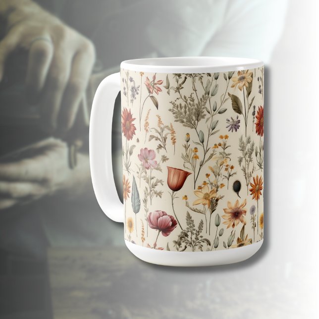Vintage Dried Wildflower Burgundy Pink Yellow Coffee Mug (Creator Uploaded)