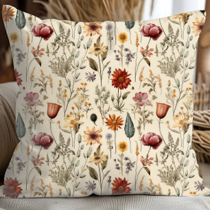 Vintage Dried Wildflower Burgundy Pink Yellow Cushion