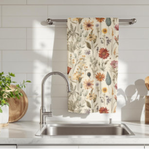 Vintage Dried Wildflower Burgundy Pink Yellow Tea Towel