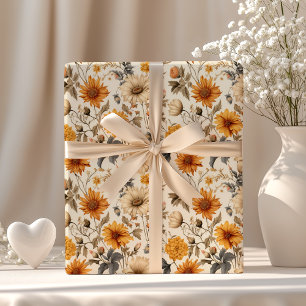 Vintage Dried Wildflower Cream Orange Brown Wrapping Paper