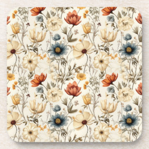 Vintage Dried Wildflower Navy Terracotta Coaster