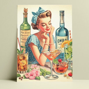 Vintage Drink Girl Illustration Postcard