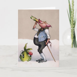 Vintage Drinking Pig Holiday Card