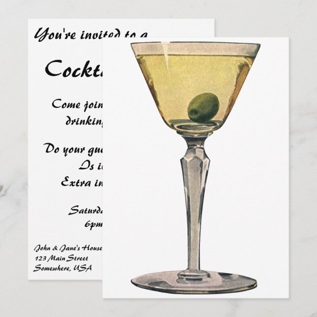Vintage Drinks Beverages, Martini Olive Cocktail Invitation (Front/Back)