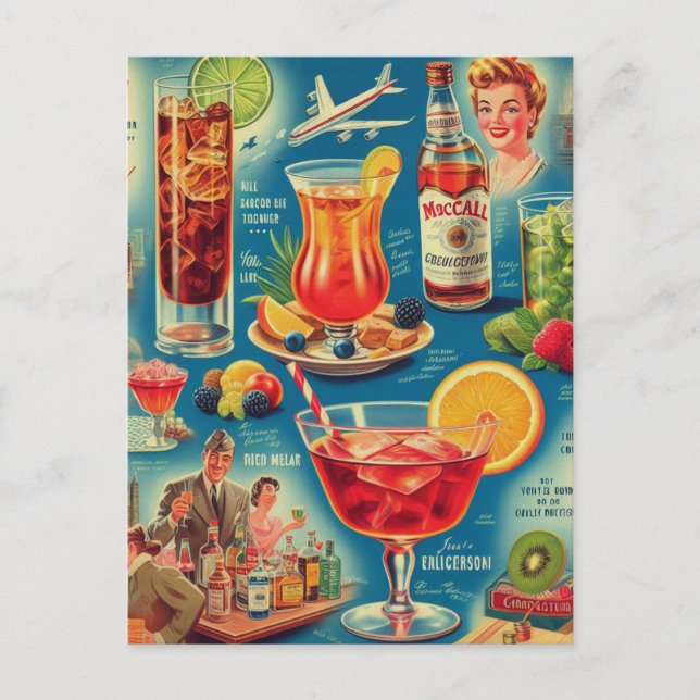 Vintage Drinks Cocktails Illustration Postcard (Front)