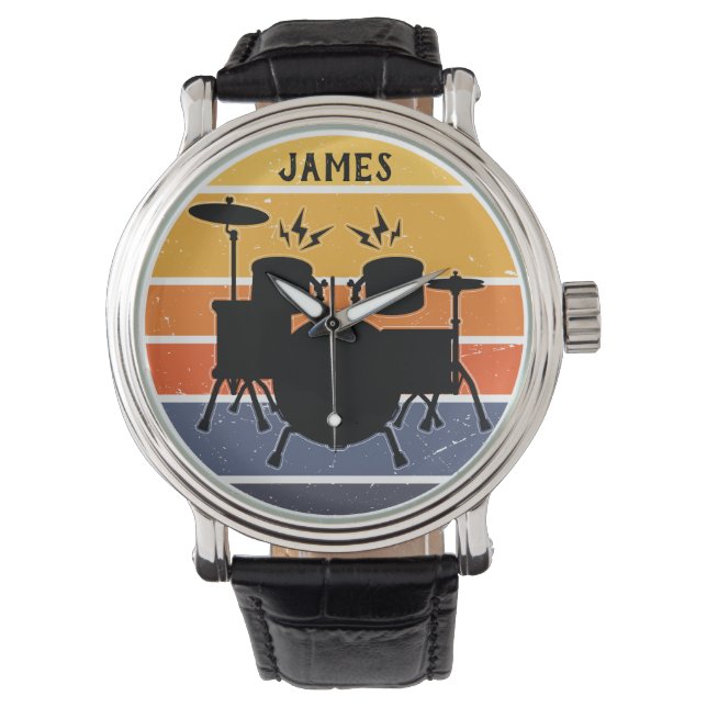 Vintage  Drummer  with Custom Name - Watch (Front)