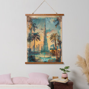 Vintage Dubai Burj Khalifa Skyline View  Hanging Tapestry