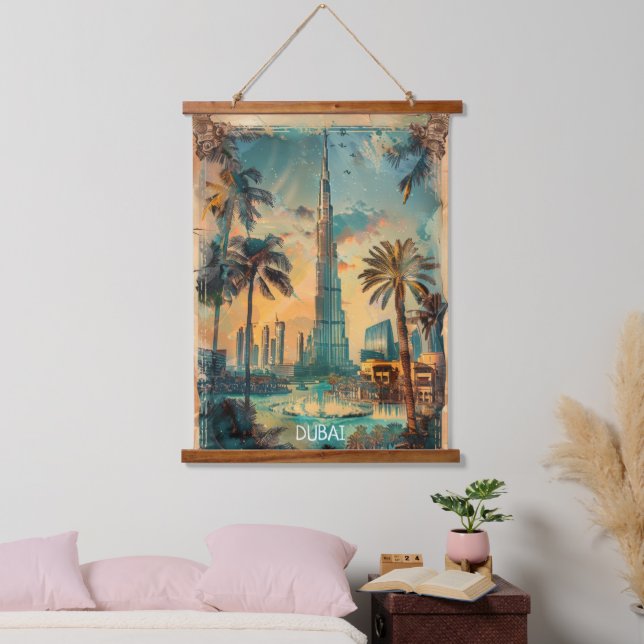 Vintage Dubai Burj Khalifa Skyline View  Hanging Tapestry (Bedroom)
