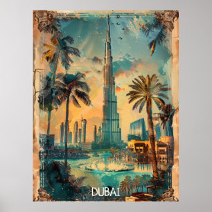 Vintage Dubai Burj Khalifa Skyline View  Poster
