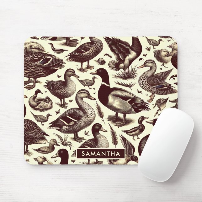 Vintage Duck and Goose Pattern Mouse Mat (With Mouse)