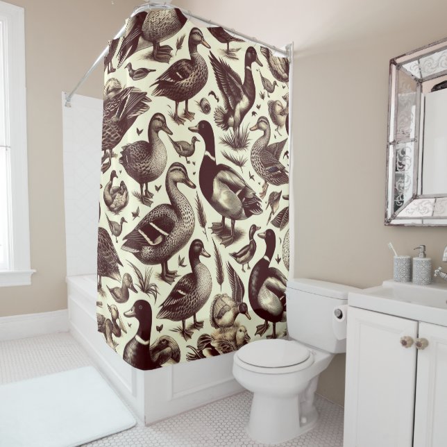 Vintage Duck and Goose Pattern Shower Curtain (In Situ)