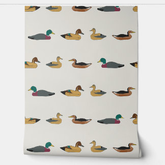 Vintage Duck Decoys in Horizontal Stripes on Beige Wallpaper