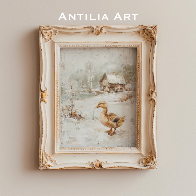 Vintage Duck Painting Rustic Snowy Landscape Poster (Creator Uploaded)