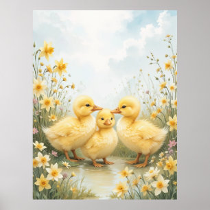 Vintage Duckling Trio Pastel Art Poster