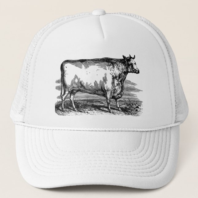 Vintage Durham Cow Bull Personalised Illustration Trucker Hat (Front)