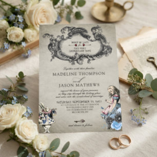 Vintage Dusty Blue Alice in Wonderland Wedding Invitation