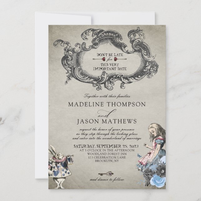 Vintage Dusty Blue  Alice in Wonderland Wedding Invitation (Front)