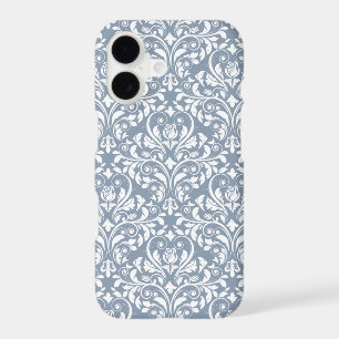Vintage Dusty Blue and White Floral Damask Pattern