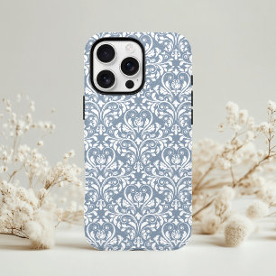 Vintage Dusty Blue and White Floral Damask Pattern iPhone 11 Case