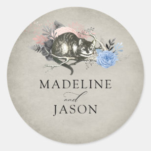 Vintage Dusty Blue Blush Floral Cat Wedding Classic Round Sticker