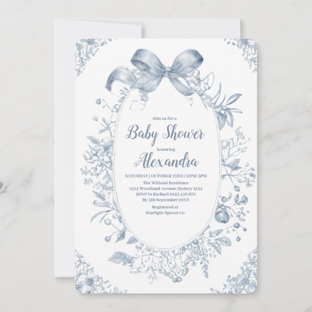 Vintage Dusty Blue Bow  Invitation (Front)
