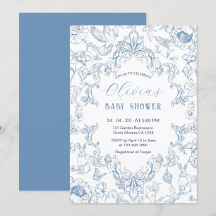 Vintage Dusty Blue Chinoiserie Toile Baby Shower Invitation