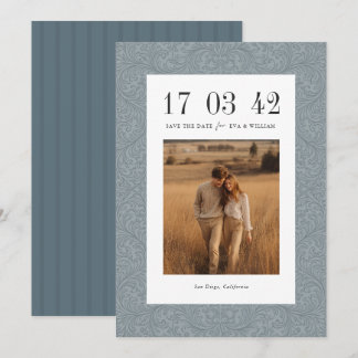 Vintage Dusty Blue Damask Photo Wedding Save The Date