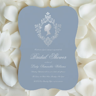 Vintage Dusty Blue Faux Silver Crest Bridal Shower Invitation