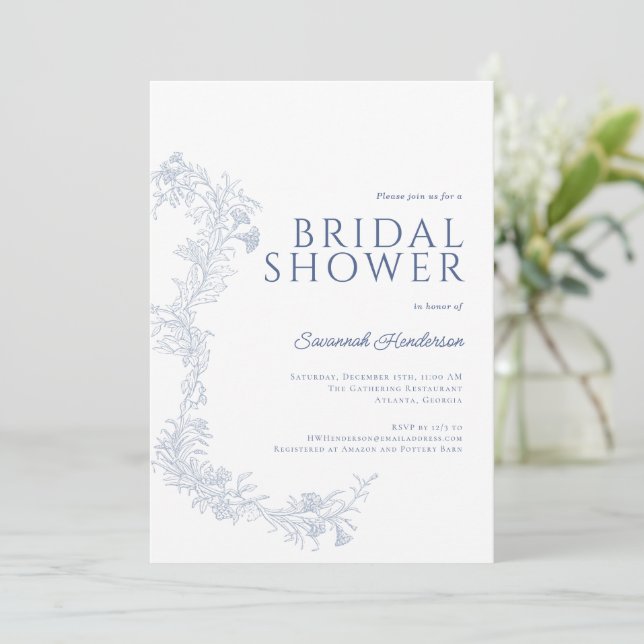 Vintage Dusty Blue Floral Bridal Shower  Invitation (Standing Front)