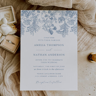 Vintage Dusty Blue Floral Elegant Wedding Invitation