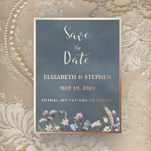 Vintage Dusty Blue Floral Foil Save The Date Card