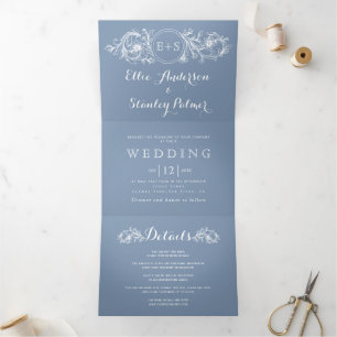 Vintage dusty blue floral frame wedding Tri-Fol Tri-Fold Invitation