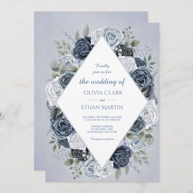 Vintage Dusty Blue Floral Geometric Invitation (Front/Back)