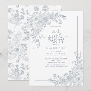 Vintage Dusty Blue Floral Line Art 60th Birthday Invitation