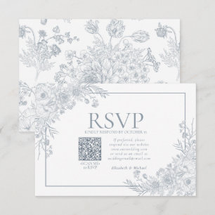 Vintage Dusty Blue Floral Line Art QR Code RSVP Card