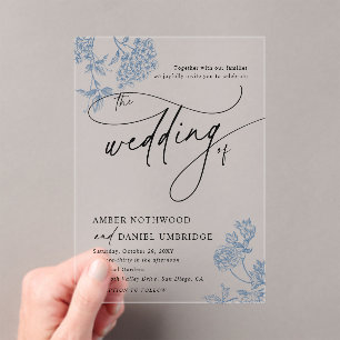 Vintage Dusty Blue Floral Minimalist Wedding Acrylic Invitations