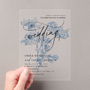 Vintage Dusty Blue Floral Minimalist Wedding Acrylic Invitations
