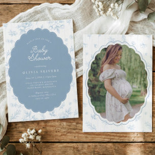 Vintage Dusty Blue Floral Photo Baby Shower Invitation
