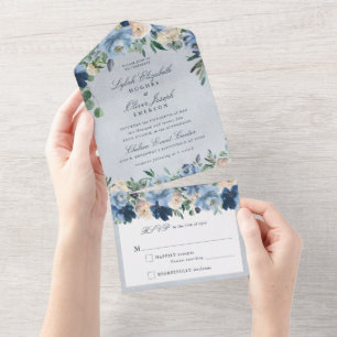 Vintage Dusty Blue Floral Wedding All In One Invitation