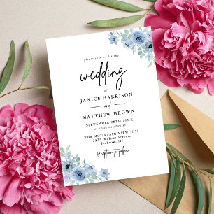 Vintage Dusty Blue Floral Wedding Invitation