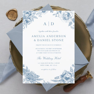 Vintage Dusty Blue Garden Monogram Wedding Invitation